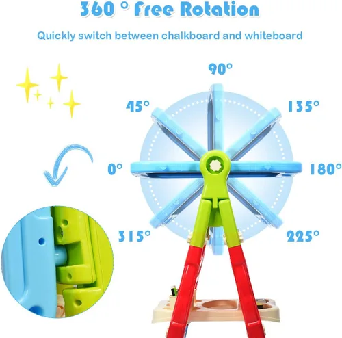 Vista 4 de Costzon Caballete de arte para niños, altura ajustable con rotación de 360°, tablero de dibujo de doble cara con pizarra y pizarra blanca, juego