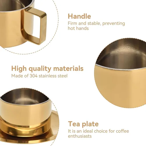 Vista 9 de Juego de 2 tazas y platillos de expreso, taza de café y platillo, taza de café dorada, tazas demitasse de acero inoxidable, exquisitos recipientes