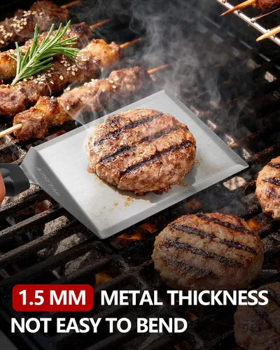 Vista 5 de HULISEN Espátula grande de acero inoxidable para parrilla, espátula de metal resistente de 6 x 5 pulgadas con bordes de corte, accesorios