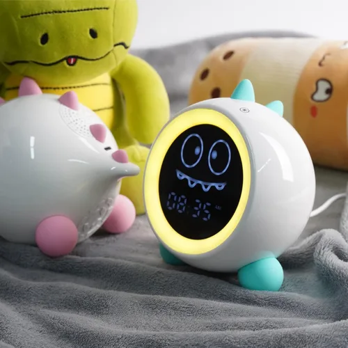 Vista 7 de Reloj despertador para niños, reloj de entrenamiento para dormir con luces nocturnas, máquina de sonido, reloj despertador de dinosaurio para niños