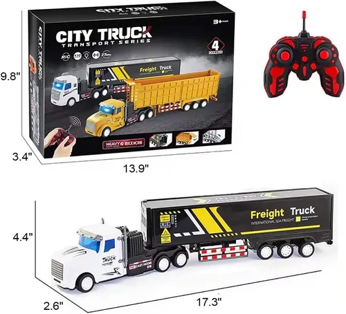 Vista 3 de Camión de juguete RC para niños – 1:32 Camión transportador con furgoneta de control remoto, Camión contenedor de carga de 17.3" con 2