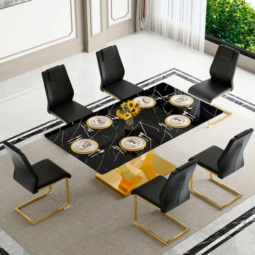 Vista 20 de Juego de mesa de comedor negra para 4, 63 x 35.4 x 30 pulgadas, mesa de comedor moderna rectangular con patas y base de acero inoxidable, sillas