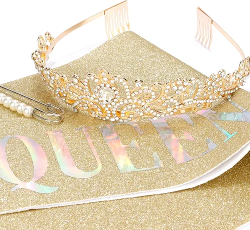 Vista 8 de CAVETEE Faja y tiara dorada para cumpleaños - Coronas de fiesta para mujer