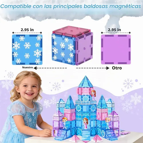 Vista 3 de GobiDex 100 azulejos magnéticos de castillo de princesa con 4 muñecas y escaleras, bloques de construcción magnéticos de princesa para niños de 3 a