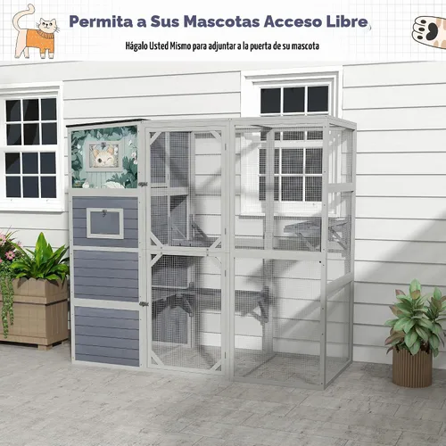Vista 2 de COZIWOW Catio grande de madera para gatos, recinto al aire libre con techo resistente a la intemperie, 2 salas de descanso, 2 plataformas, corralito