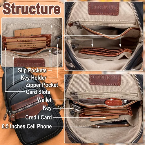 Vista 5 de CENUNCO Bolso bandolera de cuero genuino para hombres y mujeres, mochila cruzada oculta en el pecho, bolsa de viaje antirrobo, Negro -, Bolsa