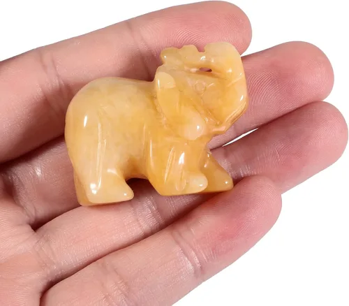 Vista 2 de Pequeña estatua de cristal de elefante tallada a mano, decoración de escultura de animal guardián de oficina en casa, 1.5 pulgadas, jade amarillo
