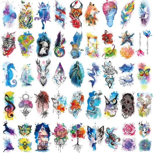 Vista 2 de JEEFONNA 86 hojas de tatuajes temporales, 14 hojas grandes de medio brazo de tatuajes falsos de flores, gato, búho y león, 72 hojas pequeñas