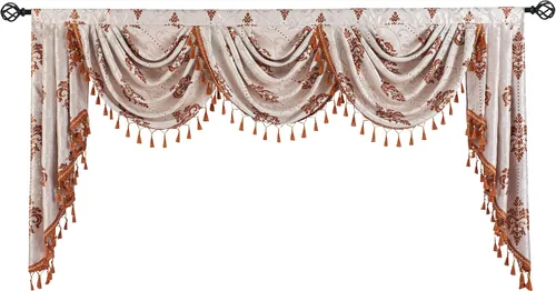 Vista 12 de Cenefa de cascada de damasco jacquard, aguamarina, 39 pulgadas de ancho, 1 panel Damask Waterfall Valance, Rod Pocket with Tassels Valance, For