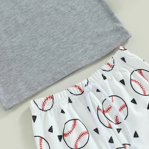 Vista 6 de Conjunto de 2 piezas de camiseta y pantalones cortos de béisbol con estampado de letras para bebé niño