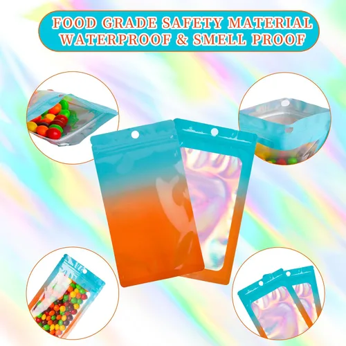 Vista 6 de 100 bolsas holográficas de tereftalato de polietileno, bolsas de papel de aluminio resellables a prueba de olores para pequeñas empresas