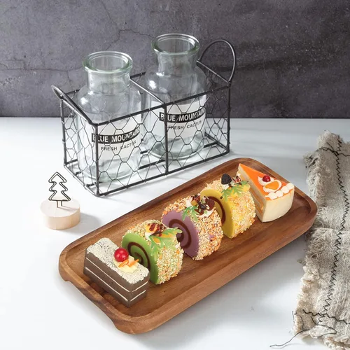 Vista 5 de 2 bandejas rectangulares pequeñas de madera decorativas de madera de acacia, platos de queso, bandejas pequeñas para sándwiches de postre, platos