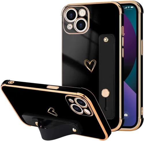 Vista 32 de LLZ.COQUE Funda compatible con iPhone 12 para mujeres y niñas, parachoques chapado de lujo con bonito diseño de corazón de amor, soporte de correa