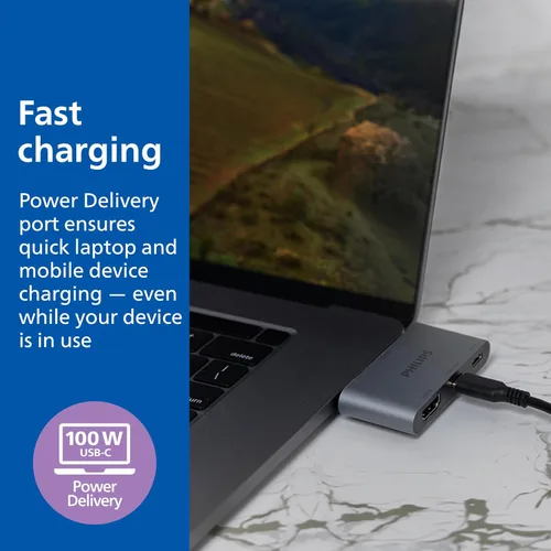 Vista 3 de Philips Concentrador multipuerto USB-C, con pantalla HDMI 4K, 10bps y 2 puertos de datos USB-A de 5 Gbps, entrega de energía de 100 vatios, conector