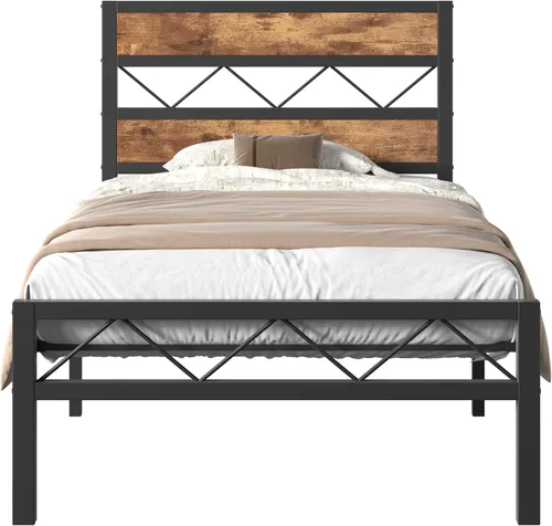 Vista 8 de VECELO Base de cama tamaño individual con cabecero, plataforma resistente con soporte de listones de metal, no necesita somier, fácil montaje, negro