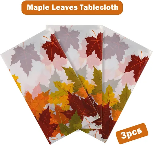 Vista 3 de Mantel de hojas de otoño, 3 piezas, mantel de hoja de arce, cubierta de plástico para mesa de otoño para fiesta de Acción de Gracias, cosecha