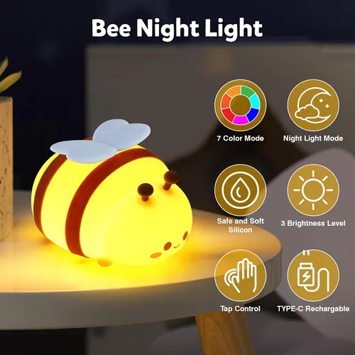 Vista 2 de Luz nocturna de abeja, bonita lámpara de noche de animales de silicona, lámpara de noche para habitación de niños, lámpara LED regulable, lámpara