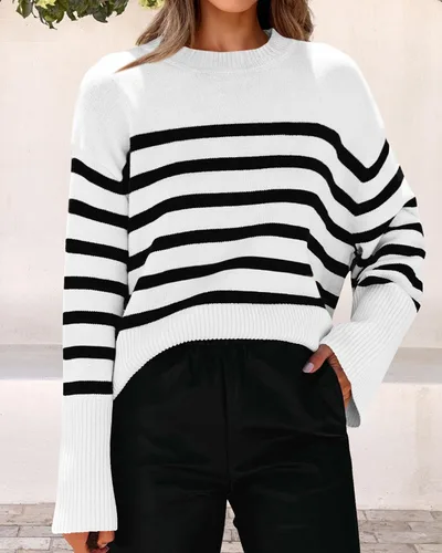 Vista 4 de KIRUNDO Suéteres de otoño de gran tamaño de punto a rayas para mujer, ropa de moda, cuello redondo, suéter de invierno con abertura lateral