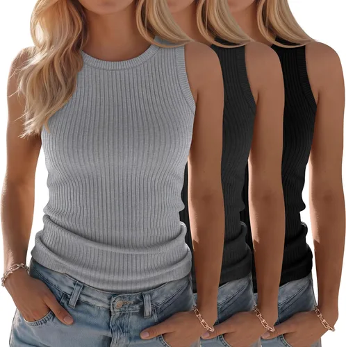 Vista 17 de Paquete de 3 camisetas sin mangas de algodón para mujer, de punto acanalado, casuales, básicas, de cuello redondo, ajustadas, de verano, con espalda