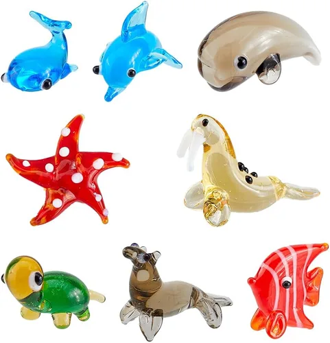 Vista 12 de 6 piezas de figuras de vidrio soplado a mano en miniatura, decoración de animales de cristal colorido, rana, ciervo sika, elefante, delfín mítico