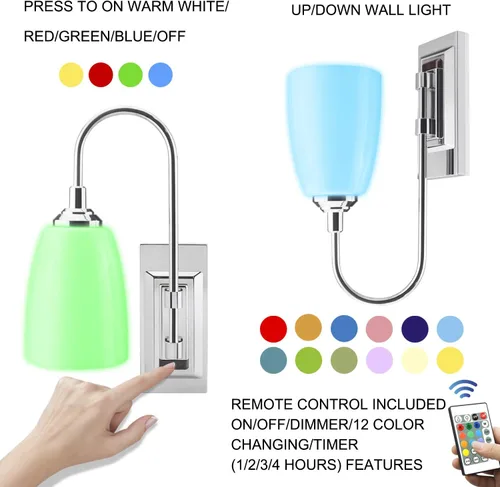 Vista 4 de HONWELL Lámpara de pared LED que funciona con pilas, apliques de pared para interiores, inalámbrico, multicolor, para iluminación de habitación