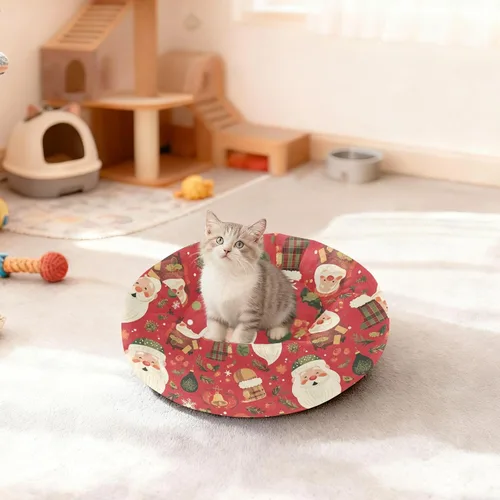 Vista 3 de Wudan Pet Cat Bed Donut Cuddler Fluffy Cat Pillow Bed for Medium Size Pets Sleeping XS Christmas Plaid Santa Claus
