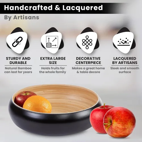 Vista 2 de Cuenco grande de bambú hilado con cargador adicional, frutero decorativo, cesta de frutas de cocina, cuenco de centro de mesa, cuenco de bambú Negro