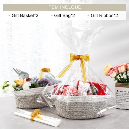 Vista 2 de Paquete de 2 cestas pequeñas tejidas con bolsas de regalo y cintas, caja de cofre de regalo decorativa vacía, linda cesta de regalo para bebé