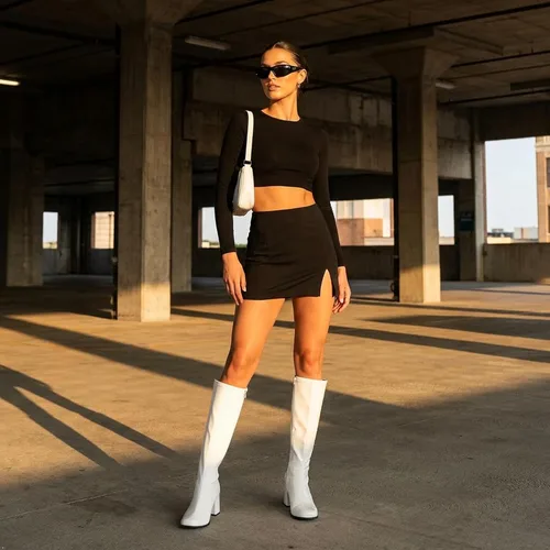 Vista 5 de LIURUIJIA Botas Gogo de mujer, hasta la rodilla, tacón ancho, punta cuadrada, estilo años 60 y 70, botas de disfraz de discoteca Blanco