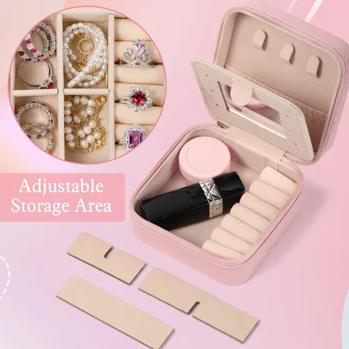 Vista 3 de Parima Joyero de viaje rosa con flores Organizador de aretes, collares, anillos con espejo Regalos para mujeres y niñas Joyero personalizado