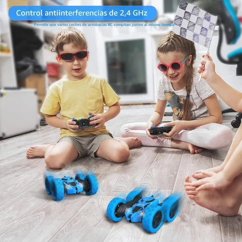 Vista 5 de Hamdol Auto de control remoto para niños, auto de acrobacias RC giratorio de 360°, vehículo eléctrico 4WD de doble cara con luces LED, autos de Azul