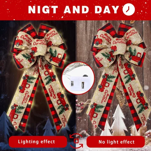 Vista 5 de Giegxin 2 Piezas Lazos Rojos Grandes Iluminados LED de 18 x 10 Pulgadas para Remate de Árbol de Navidad Lazo de Corona Pre Brillantina para Corona