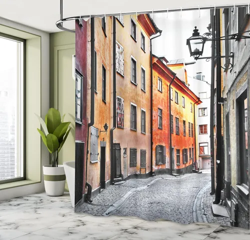Vista 4 de set de cortina para baño decorativa de tela de poliéster con ganchos