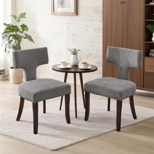 Vista 9 de SoarFlash Juego de 2 sillas de comedor modernas de madera, silla tapizada de tela de lino de granja, respaldo curvado con clavos de cobre alrededor