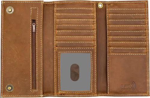 Vista 10 de Cartera larga de cuero genuino para hombre, triple cubierta de chequera, bloqueo RFID, múltiples ranuras para tarjetas, bolsillo con cremallera