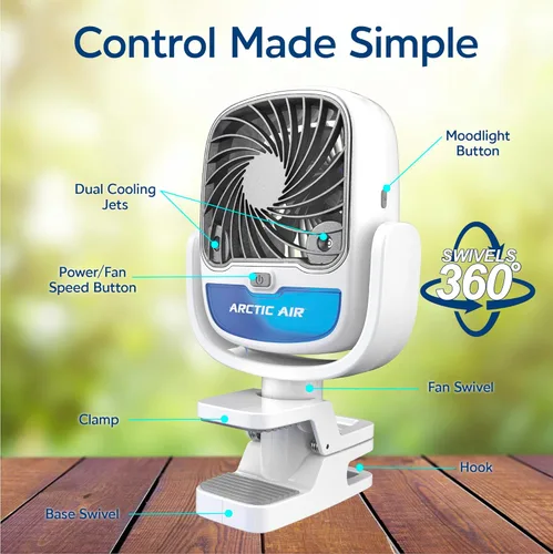 Vista 3 de Arctic Air Grip Go Enfriador evaporativo, ventilador inalámbrico y portátil con 3 velocidades, abrazadera universal giratoria de 360 grados, carga