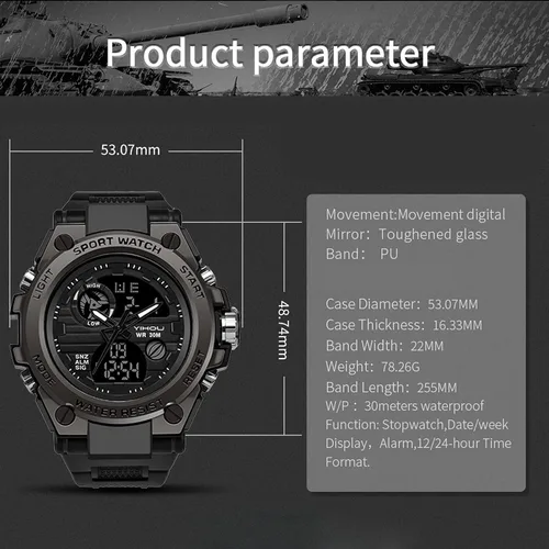 Vista 7 de Reloj militar para hombre, reloj electrónico para deportes al aire libre, reloj táctico del ejército, cronómetro LED, impermeable, relojes