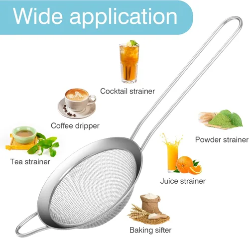 Vista 5 de 15 coladores pequeños de acero inoxidable, pequeño colador de té de malla fina, mini tamiz de acero inoxidable con asa, coladores de metal de cocina