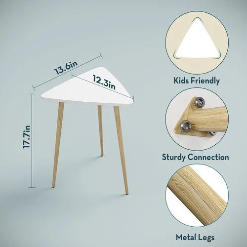 Vista 2 de SAYGOER Mesa auxiliar blanca pequeña triangular, mesa de sofá moderna y estrecha para sala de estar, dormitorio, mesita de noche única, marco