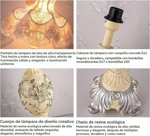 Vista 5 de Lámpara de escritorio de estilo europeo rosa con pantalla de tela, lámpara de mesa victoriana con bombilla E27 e interruptor de botón, lámparas