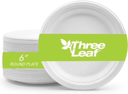 Vista 16 de three leaf Plato redondo de bagazo de 10 pulgadas, 25 unidades, platos de bagazo desechables, resistentes, súper fuertes, naturales y ecológicos