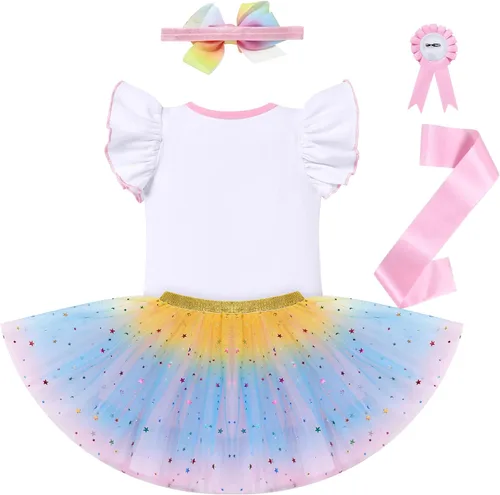 Vista 2 de IDOPIP Conjunto de 5 piezas de ropa para bebé con diseño de arco iris para 1er 2 3 cumpleaños para niña