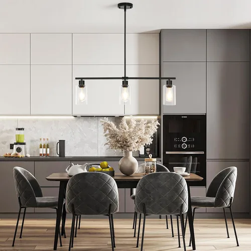 Vista 2 de Iluminación de isla de cocina, 3 luces negras para comedor, lámpara de araña lineal moderna con pantalla de vidrio transparente, 31 pulgadas