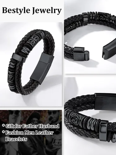 Vista 5 de Bestyle Pulseras de cuentas de acero inoxidable trenzadas de cuero genuino de alta calidad para hombres y niños, pulseras de moda para hombre