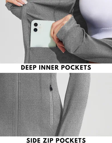 Vista 2 de PINSPARK Chaquetas atléticas para mujer, chaqueta de entrenamiento ajustada con cremallera completa, para correr, gimnasio, yoga, deportes, tops