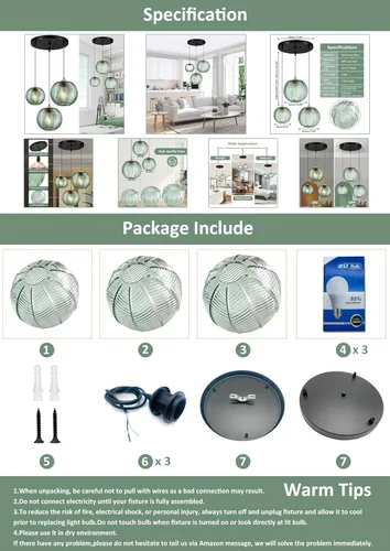 Vista 4 de Lámpara colgante verde, 3 en 1, accesorios de lámpara colgante de vidrio grande E26 E27 de mediados de siglo, lámpara de araña moderna acanalada