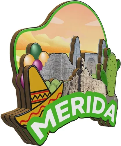 Vista 2 de Imán de Mérida México para nevera de madera 3D, monumentos de viaje, coleccionables, recuerdos, decoración hecha a mano -2051
