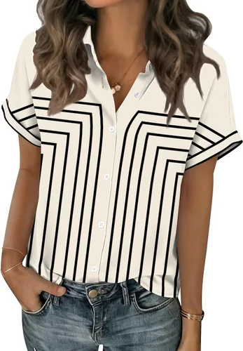 Vista 16 de Zeagoo Blusas de verano de manga corta para mujer, camisas casuales con botones, blusas de trabajo de negocios sólidas/a rayas