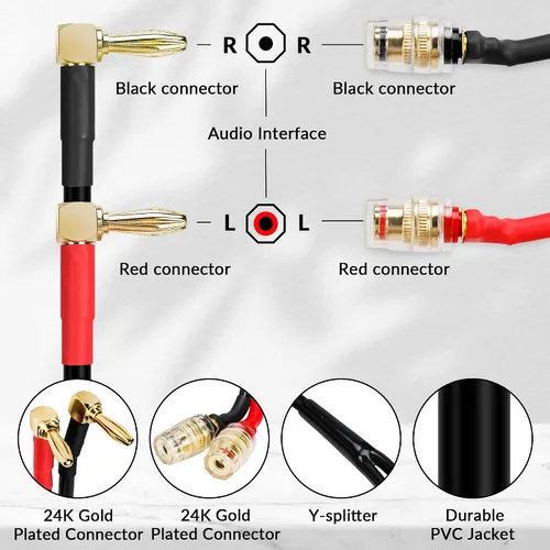 Vista 2 de Cable de altavoz con clavijas de punta banana chapada en oro, adaptador de cable de audio de extensión (3 pies), macho a hembra de 90 grados tipo Y