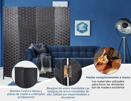 Vista 3 de Divisor de habitación de madera de 4 paneles de 6 pies de alto, divisor de pared de privacidad plegable de madera, pantalla de división portátil
